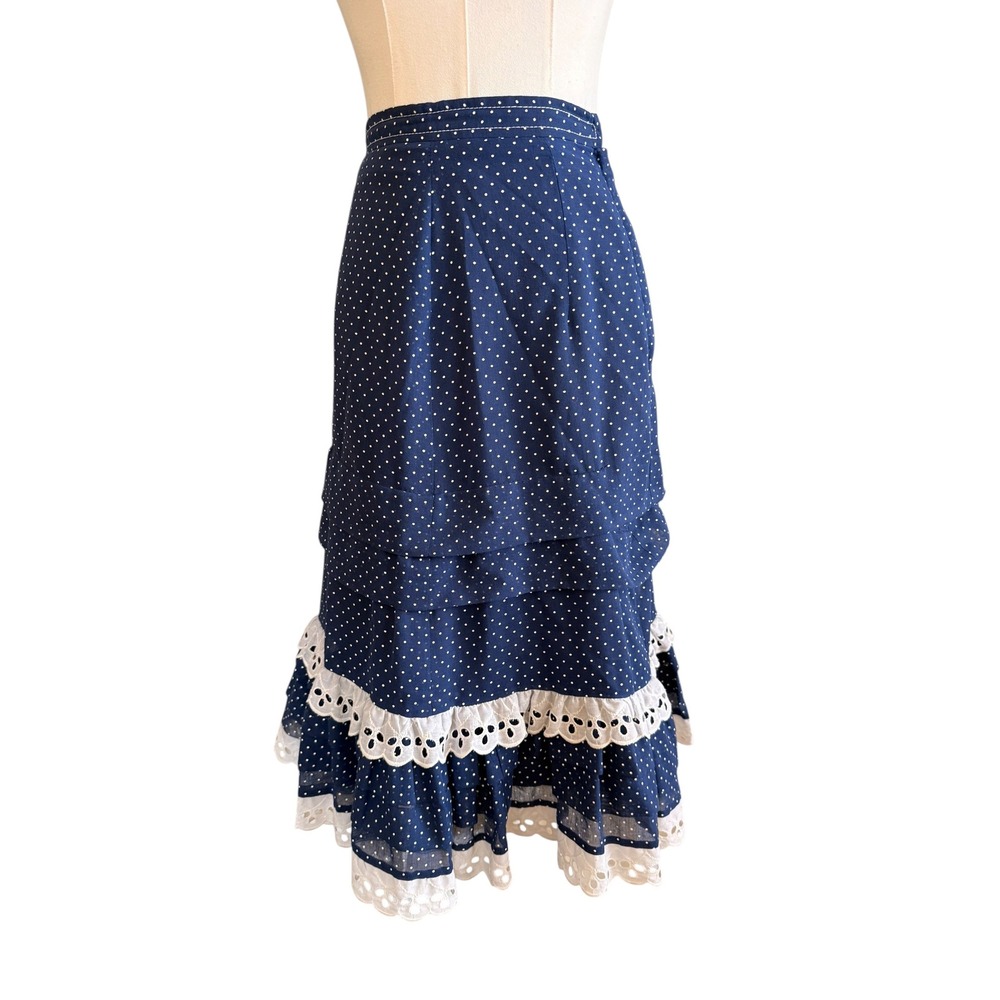 Vintage Country Set Navy Polka Dot Eyelet Lace Tiered Midi Skirt ILGWU Size 6